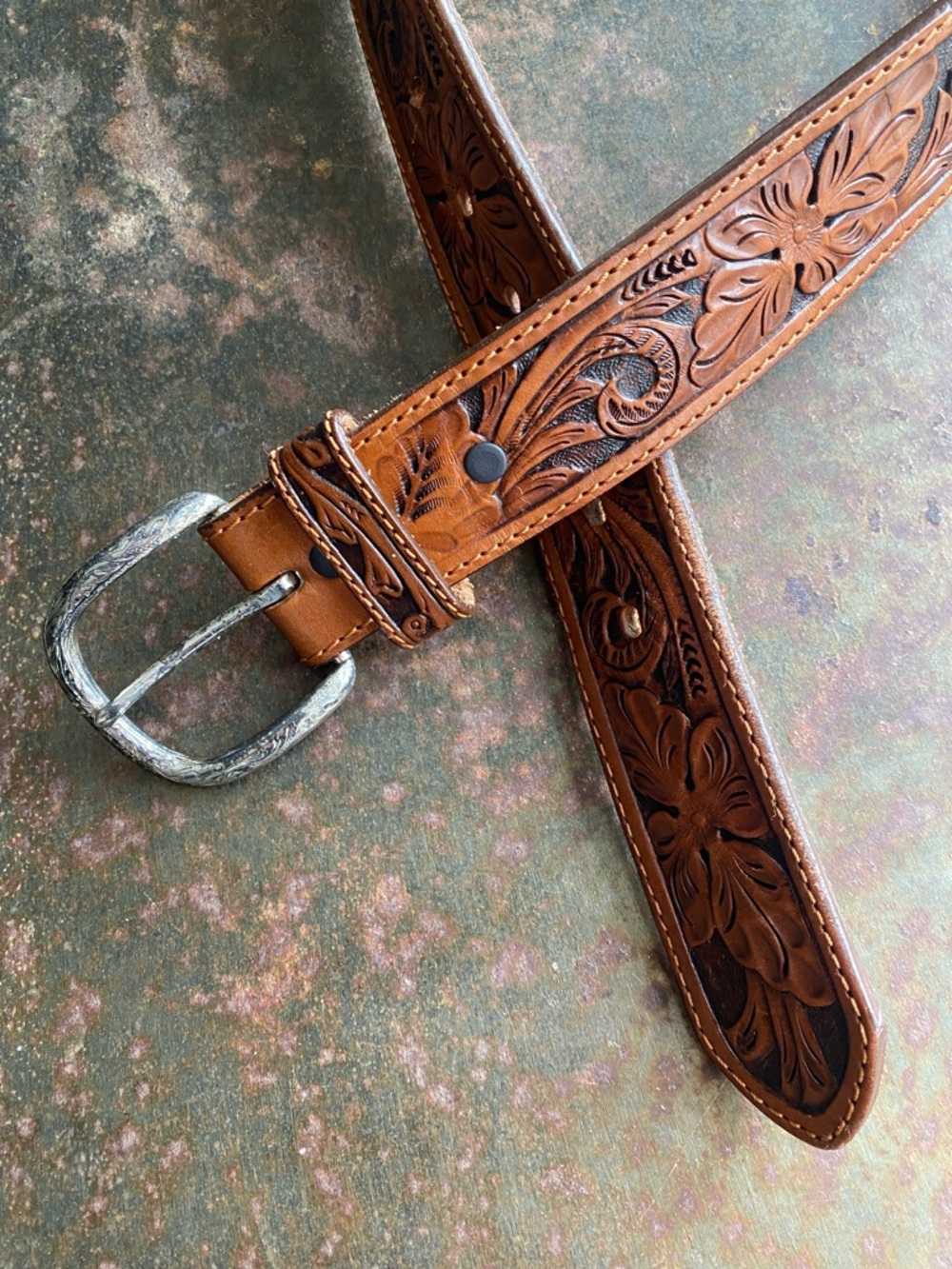 TonyLama Floral Filigree Tooled Brown Leather Western Belt w/Removable Buckle 30